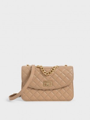 Charles & Keith Acolchado Turn-Lock Clutch Beige | 4860295-MP