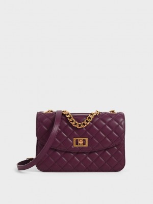 Charles & Keith Acolchado Turn-Lock Clutch Morados | 9860357-PZ