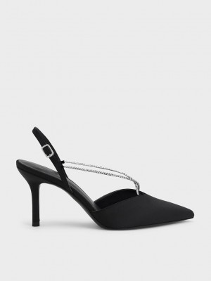 Charles & Keith Adel Recycled Polyester Gem-Correa Destalonadas Pumps Negros | 6710354-LF