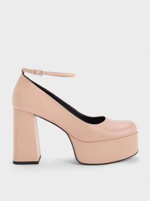 Charles & Keith Ankle-Correa Plataforma Pumps Beige | 6527894-AR