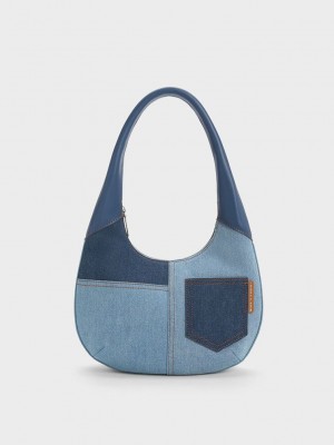 Charles & Keith Anthea Denim Contrast-Trim Curved Hobo Bag Azules | 7586943-TL