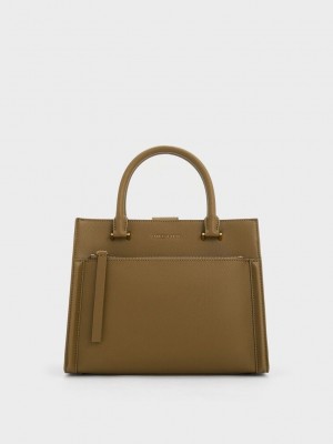 Charles & Keith Anwen Structured Tote Bag Kaki | 6309842-DZ
