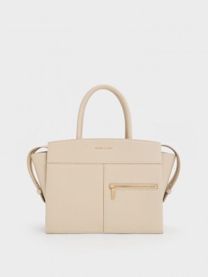 Charles & Keith Anwen Trapeze Top Handle Bag Beige | 1938672-TU