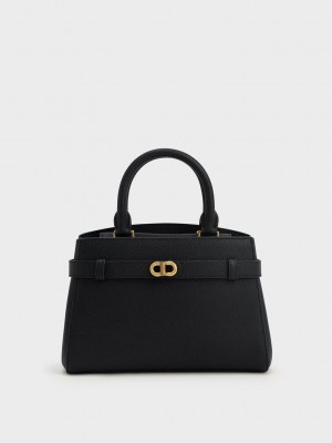 Charles & Keith Aubrielle Metallic-Accent Belted Bag Negros | 3710429-ER