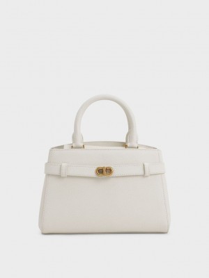 Charles & Keith Aubrielle Metallic-Accent Belted Bag Creme | 9671058-YI