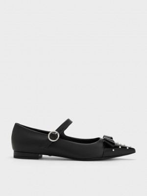Charles & Keith Bead-Embellished Cuero Bow Mary Jane Flats Negros | 1362548-TZ