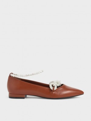 Charles & Keith Beaded Mary Jane Flats Marrom | 8296741-HG