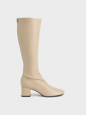 Charles & Keith Block Heel Knee Boots Marrom | 6524890-RZ