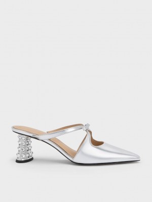 Charles & Keith Bow Crossover Gem-Embellished Mules Plateados | 4231978-LY