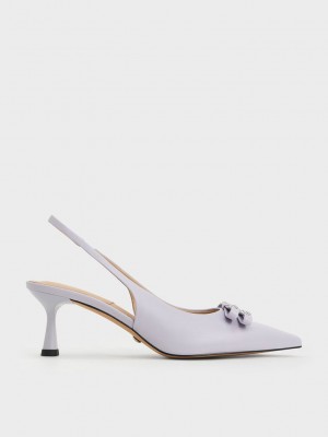 Charles & Keith Bow Crystal-Embellished Cuero Destalonadas Pumps Morados | 9862543-KU