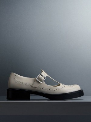 Charles & Keith Brogue Cuero T-Bar Mary Janes Rosas | 4716593-TQ