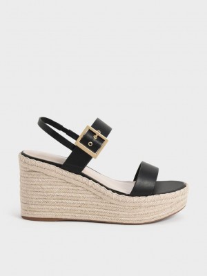 Charles & Keith Buckled Alpargata Wedges Negros | 5473680-HY