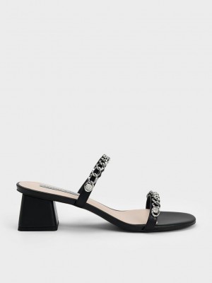 Charles & Keith Chain-Link Block Heel Sandals Negros | 3468791-TE