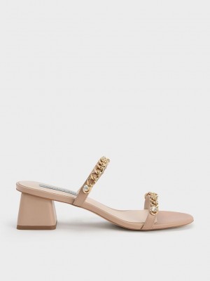 Charles & Keith Chain-Link Block Heel Sandals Beige | 0582479-MI