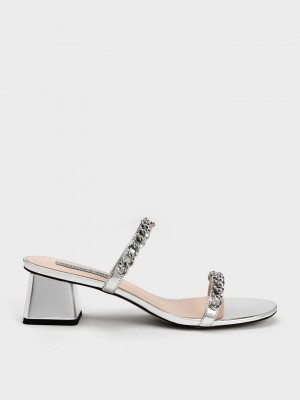 Charles & Keith Chain-Link Block Heel Sandals Plateados | 1425378-CO