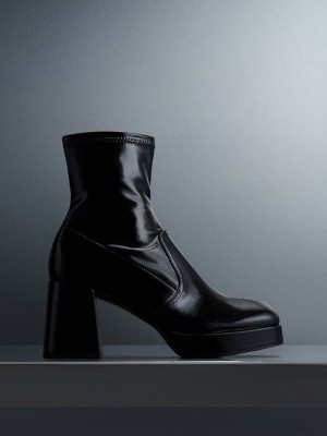 Charles & Keith Charol Crinkle-Effect Block-Heel Boots Negros | 7258361-CV