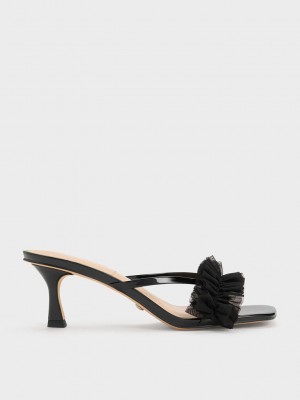 Charles & Keith Charol Cuero Ruffled Mesh Tacón Mules Negros | 9716042-VI