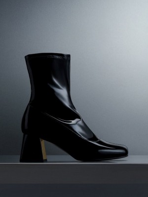 Charles & Keith Charol Metallic Trapeze Heel Ankle Boots Negros | 1275896-LG