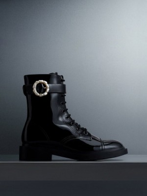 Charles & Keith Charol Pearl Hebilla Encaje-Up Ankle Boots Negros | 5071482-OW