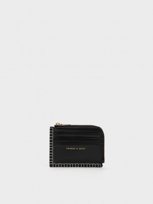 Charles & Keith Circe Stitch-Trim Zip Around Card Holder Negros | 8704592-FI