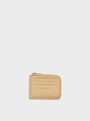 Charles & Keith Circe Stitch-Trim Zip Around Card Holder Beige | 8752496-FW