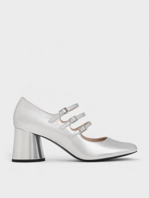 Charles & Keith Claudie Metallic Buckled Mary Janes Plateados | 6187092-DQ