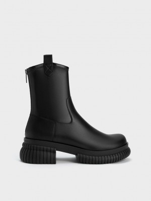 Charles & Keith Cowboy Plataforma Ankle Boots Negros | 7268905-JM