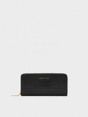 Charles & Keith Croc-Embossed Zip-Around Long Wallet Negros | 4815327-ND