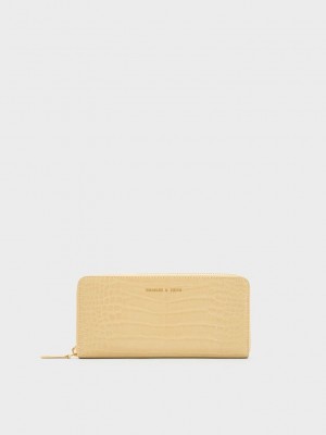 Charles & Keith Croc-Embossed Zip-Around Long Wallet Beige | 6210345-EX