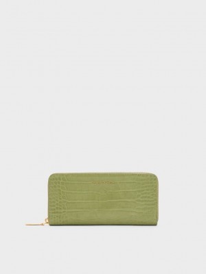 Charles & Keith Croc-Embossed Zip-Around Long Wallet Verde Oliva | 9458216-DY