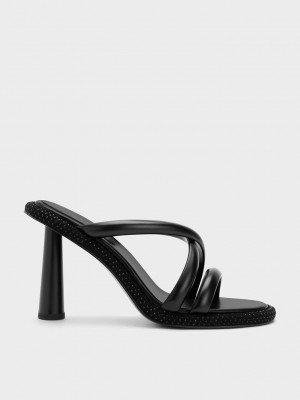 Charles & Keith Crossover Crystal-Embellished Mules Negros | 3025614-JP
