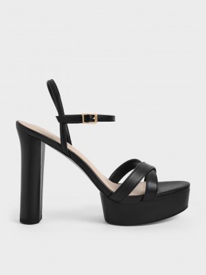 Charles & Keith Crossover Plataforma Tacón Sandals Negros | 5760948-FE