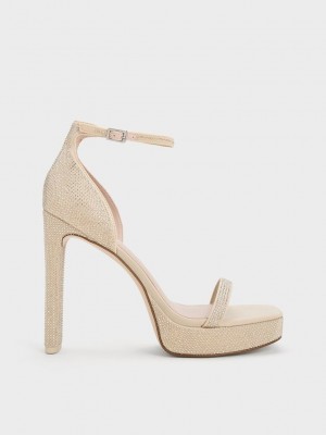 Charles & Keith Crystal Ankle-Correa Plataforma Sandals Beige | 5863074-GJ