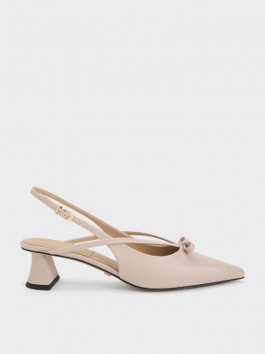 Charles & Keith Cuero Bow Tiras Destalonadas Pumps Beige | 2730891-NB