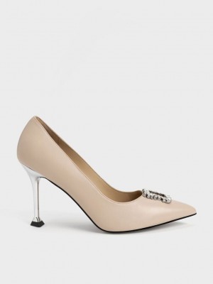 Charles & Keith Cuero Gem-Embellished Pumps Beige | 1850964-QV