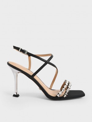 Charles & Keith Cuero Gem-Embellished Tiras Sandals Negros | 3896074-HX
