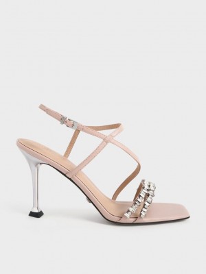 Charles & Keith Cuero Gem-Embellished Tiras Sandals Beige | 8270945-KD