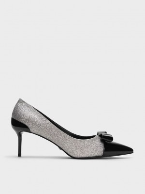 Charles & Keith Cuero Glittered Pointed-Puntera Heels Plateados | 6783501-AV