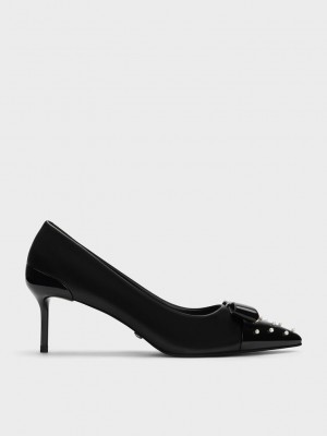 Charles & Keith Cuero Pearl-Embellished Pointed-Puntera Heels Negros | 3489276-HW