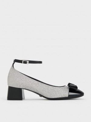 Charles & Keith Cuero & Glitter Bow Ankle-Correa Pumps Plateados | 4286035-NI