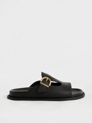 Charles & Keith Cut-Out Buckled Slides Negros | 0614537-IQ