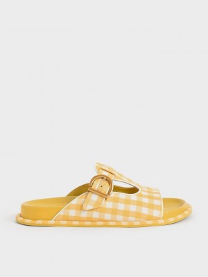 Charles & Keith Cut-Out Linen Gingham-Print Buckled Slides Amarillos | 9580176-ZA