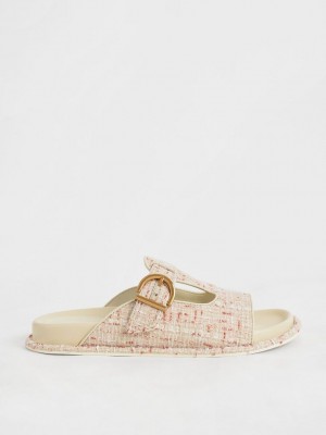 Charles & Keith Cut-Out Tweed Buckled Slides Creme | 7145960-XQ