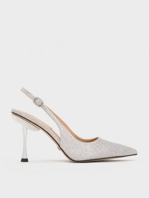 Charles & Keith Demi Glittered Destalonadas Pumps Plateados | 2786459-BT