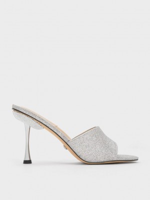 Charles & Keith Demi Glittered Metallic Heel Mules Plateados | 7329184-IF