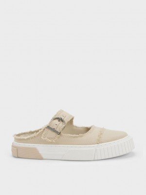 Charles & Keith Denim Buckled Slip-On Sneakers Beige | 3702615-IQ