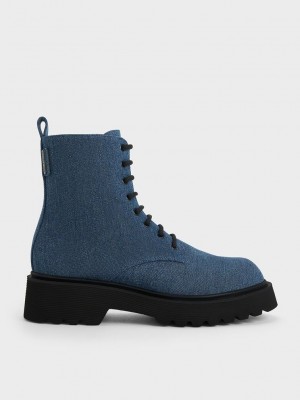 Charles & Keith Denim Encaje-Up Ankle Boots Azules | 6475382-KF