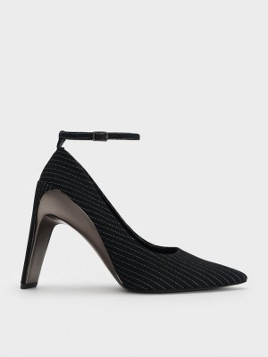 Charles & Keith Devon A Rayas Metallic Blade-Heel Pumps Grises Oscuro | 7284013-MC