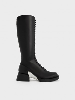 Charles & Keith Devon Metallic-Accent Encaje-Up Knee-High Boots Negros | 7418359-HR