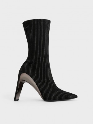 Charles & Keith Devon Metallic A Rayas Blade-Heel Ankle Boots Grises Oscuro | 0716549-ZT